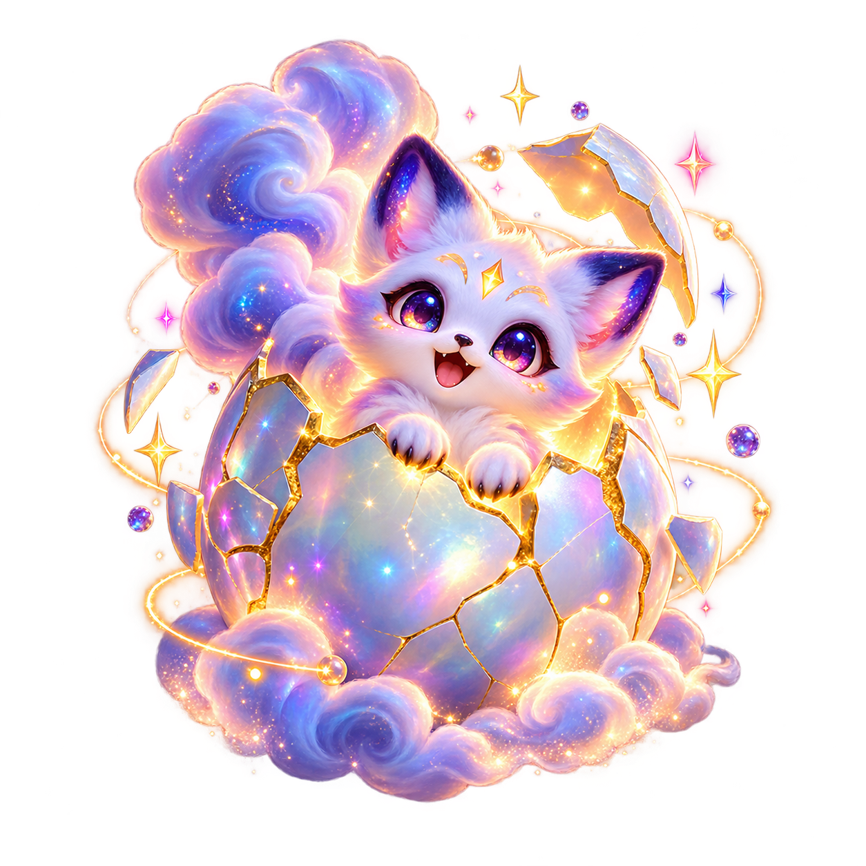 A luminous cloudfox hatching from a magical digital egg