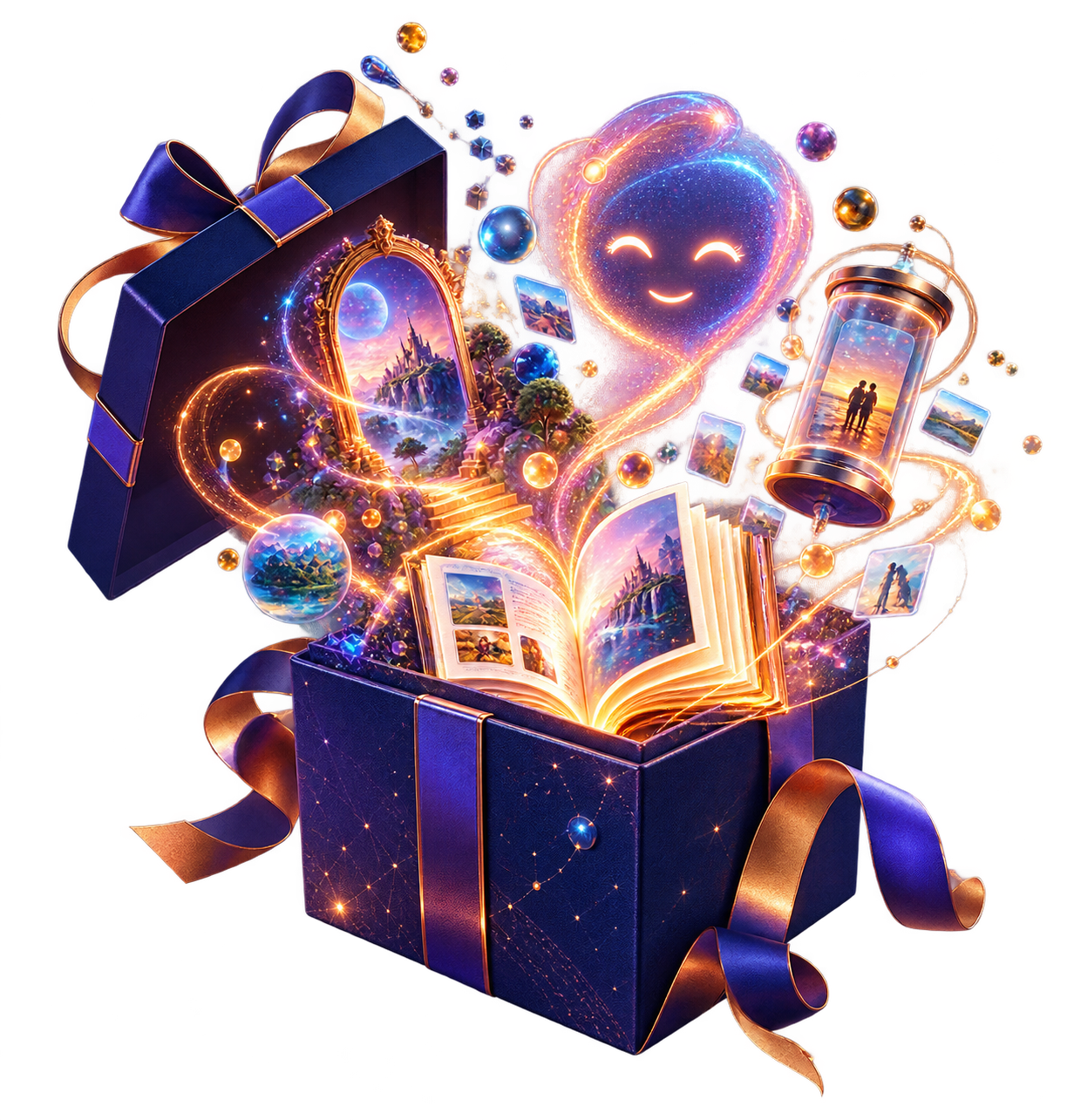 A magical digital gift opening into stories, memories, and an AI character